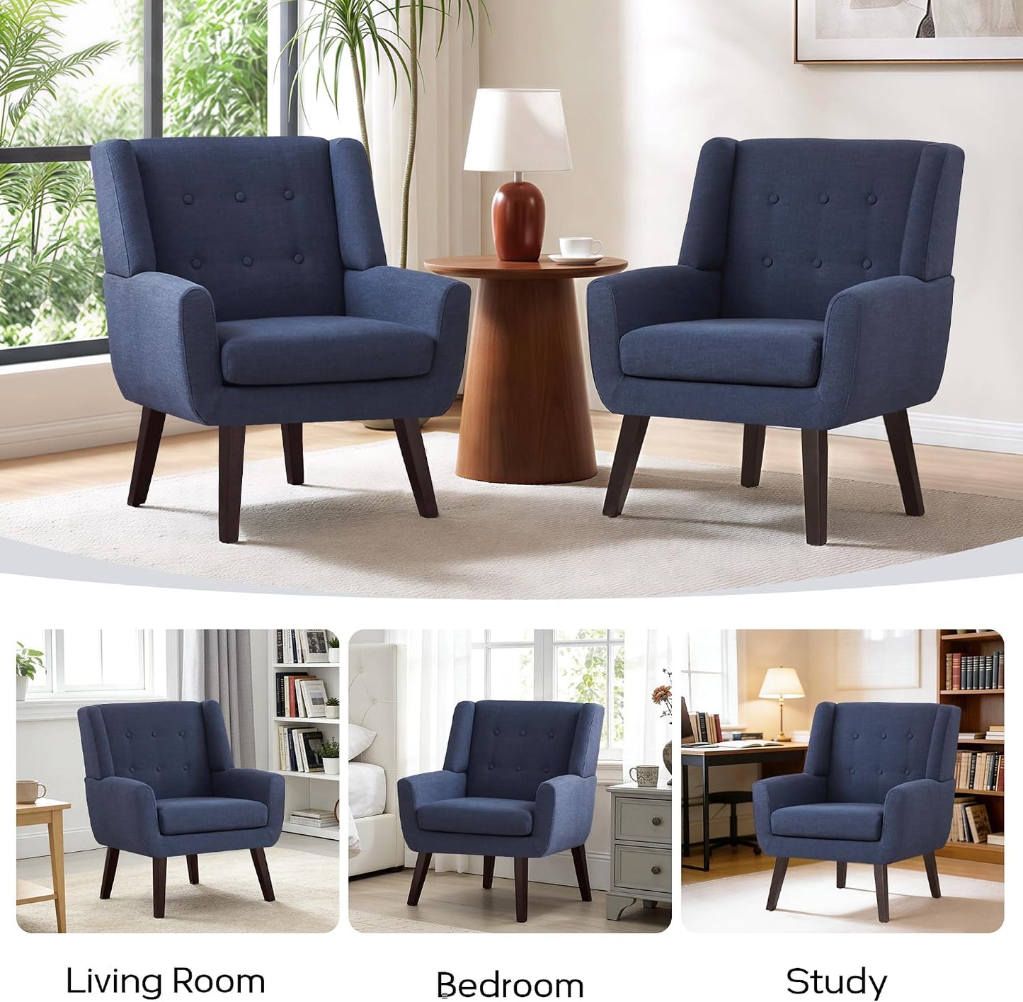 Accent Chair for Living Room,Upholstered Button Linen Armchair Chair | Mid Century Modern Tufted Armchair with Fabric,Comfy Arm Chairs for Club Living Room Reading Bedroom,Waiting Room Dark Blue