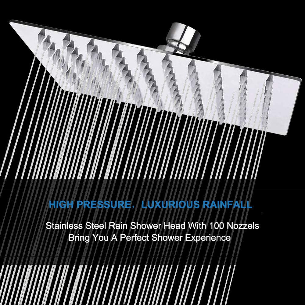 Rain Shower Head, High Flow Stainless Steel Square Rainfall Shower, High Pressure Design, Awesome Shower Experience Even at Low Water Flow (8 Inch, Chrome Finish)