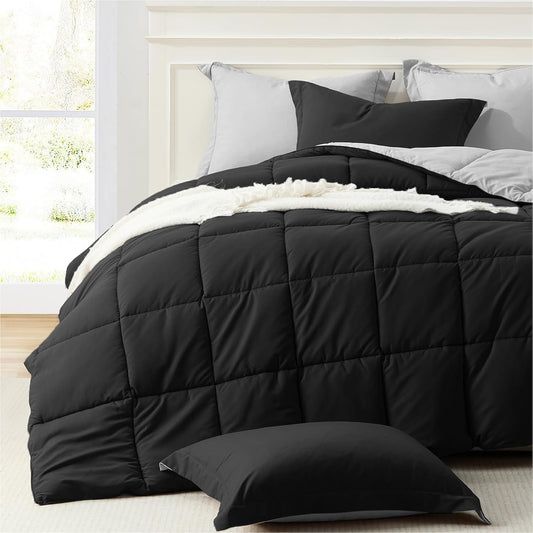 King Size Comforter Set 3 Piece, Lightweight Soft Bed Sets | No Clumping, Machine Washable, down Alternative Comforter Reversible Black/Light Grey, All Season Blanket, 2 Sham