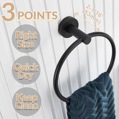 Matte Black Towel Ring Wall Mounted, Hand Towel Holder for Bathroom, Solid Stainless Steel round Wall Hanger