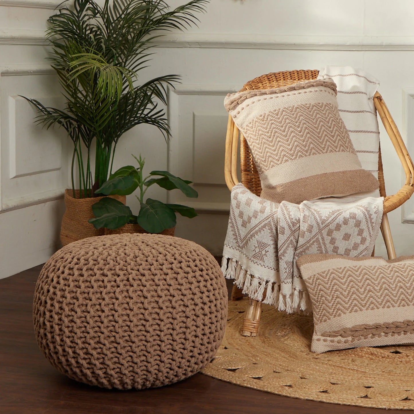 round Pouf Ottoman - Hand Knitted Cable Boho Poof Home Décor Pouffe Circular Footrest for Living Room - Bedroom - Lounge - 100% Cotton (19.5"X19.5"X14") - Beige