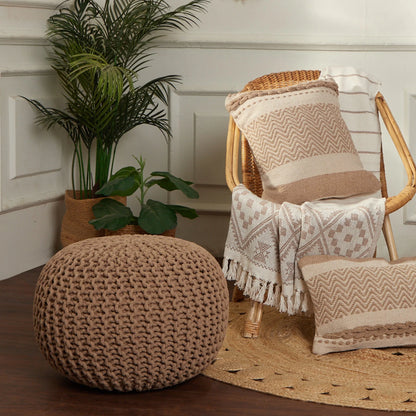 round Pouf Ottoman - Hand Knitted Cable Boho Poof Home Décor Pouffe Circular Footrest for Living Room - Bedroom - Lounge - 100% Cotton (19.5"X19.5"X14") - Beige