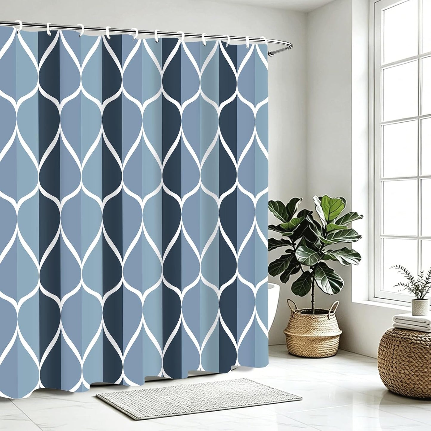 Geometric Shower Curtain for Bathroom, Aegean Blue, 54X72 Inch | with Hooks, Premium Polyester, Quick Dry, Water Repellent, Machine Washable, Rustproof Grommets, Modern Minimalist