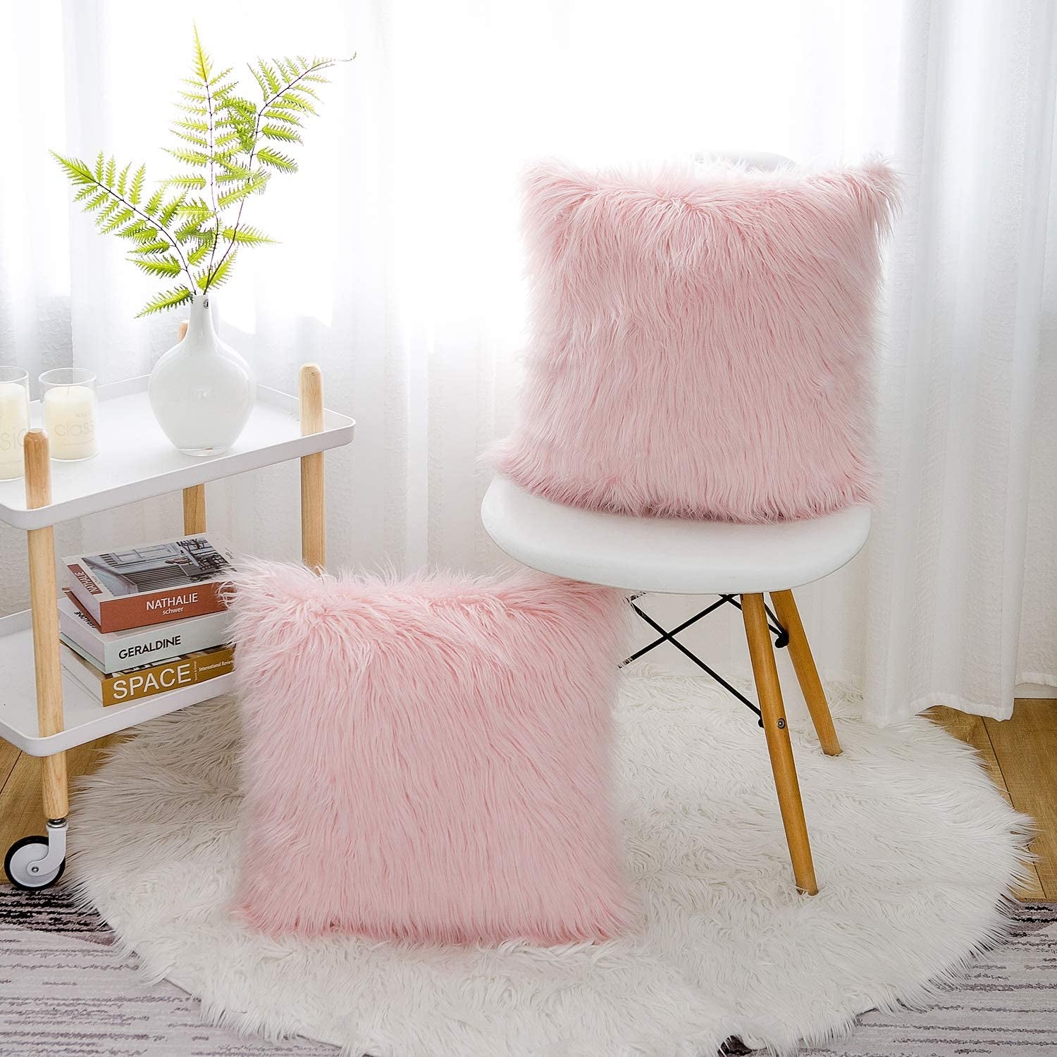 Pink Faux Fur Pillow Covers 18X18 Inch,Set of 2 Plush Decorative Throw Pillow Case for Couch Sofa Bed, Soft Fluffy Blush Pink Cushion Cover with Hidden Zipper for Bedroom Girls Room Dorm Decor