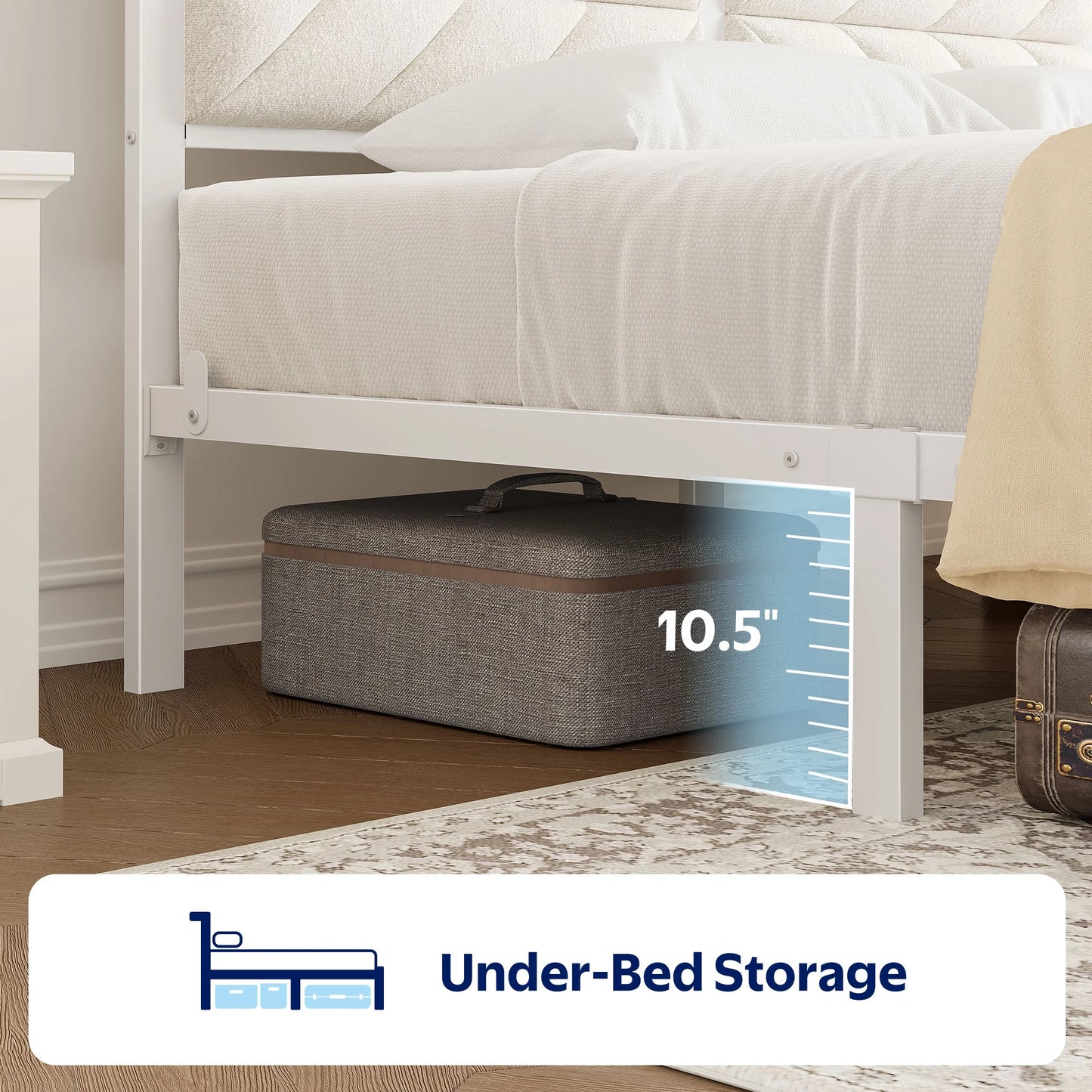 Queen LED Bed Frame with Headboard Storage - Charging Station,Off White
