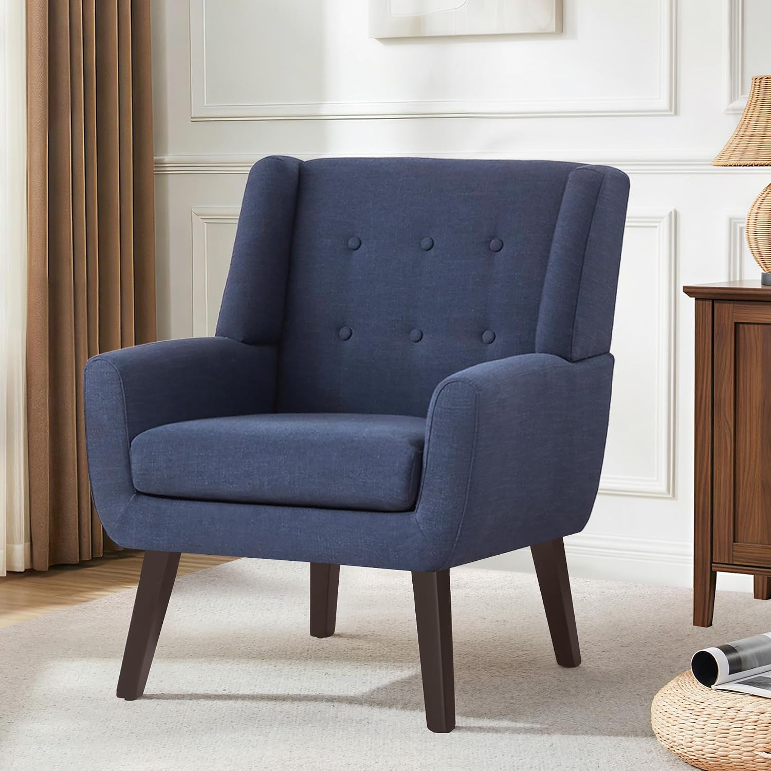 Accent Chair for Living Room,Upholstered Button Linen Armchair Chair | Mid Century Modern Tufted Armchair with Fabric,Comfy Arm Chairs for Club Living Room Reading Bedroom,Waiting Room Dark Blue