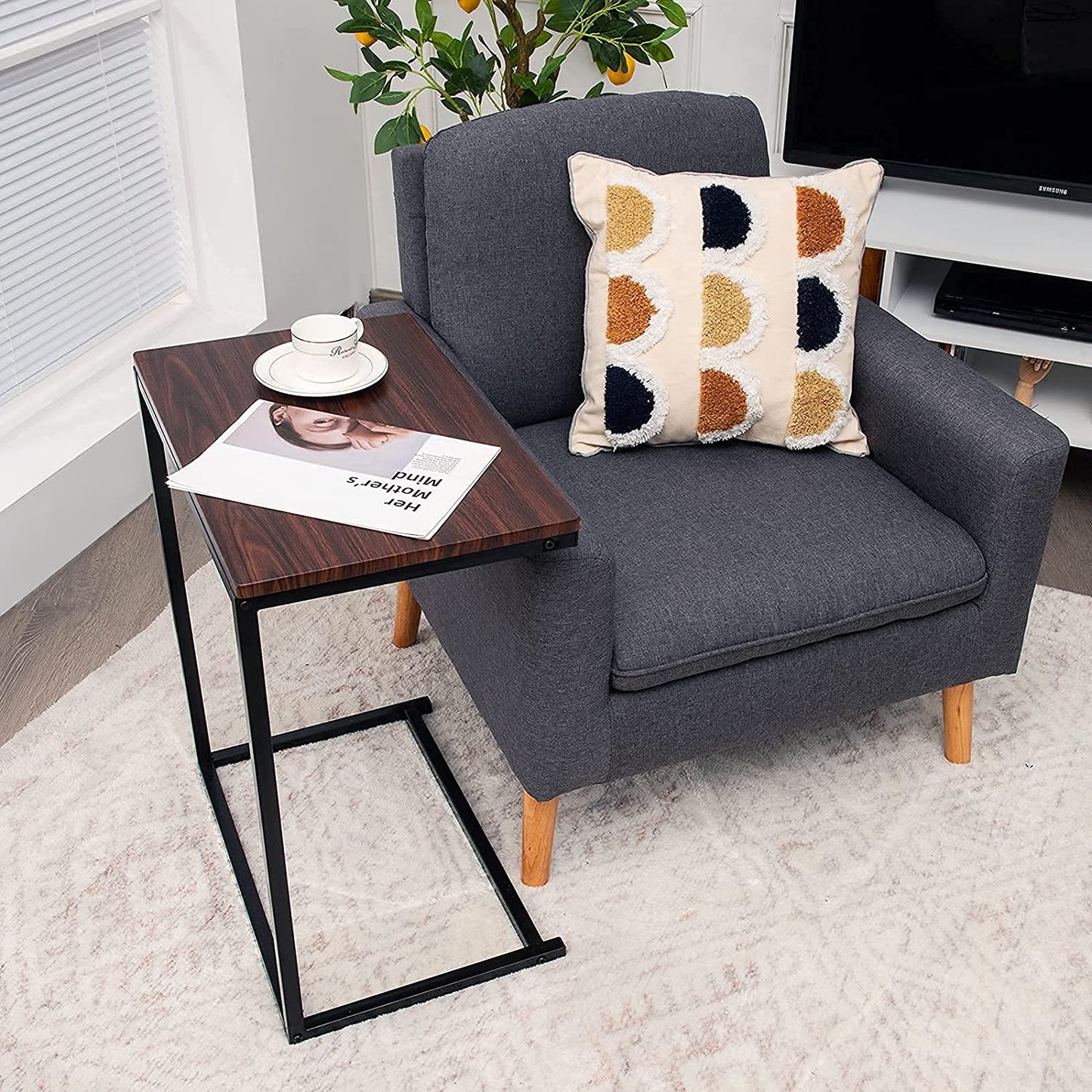 C Shaped End Table, Couch Sofa Side TV Tray for Coffee Snack Laptop, Vintage Bedside Table for Living Room, Bedroom