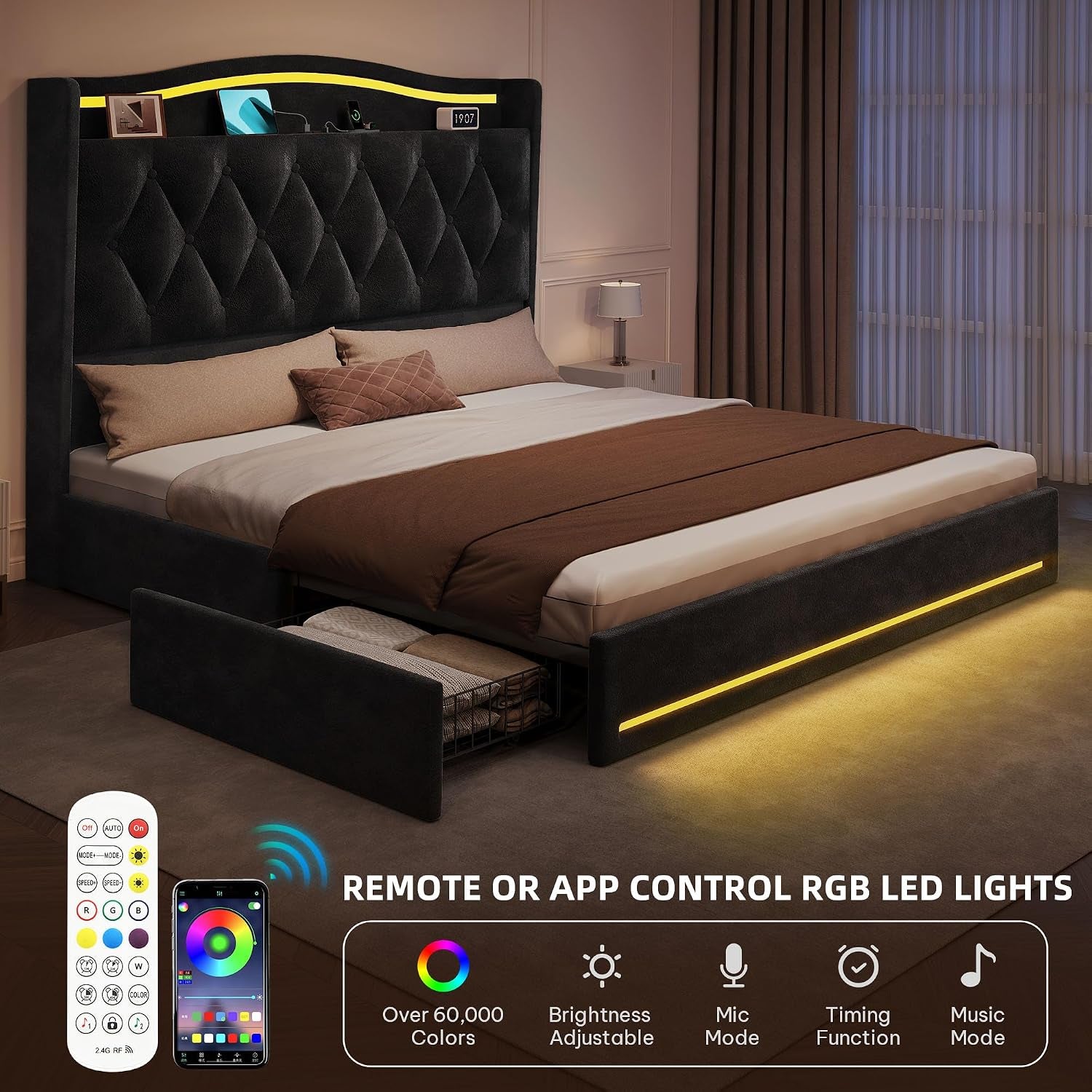 Queen Size Bed Frame with 4 Storage Drawers and RGB LED Lights | 57'' Tall Headboard Velvet Upholstered Bed with Charging Station, No Box Spring Needed, Easy Assembly, Noise-Free, Black