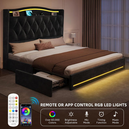 Queen Size Bed Frame with 4 Storage Drawers and RGB LED Lights | 57'' Tall Headboard Velvet Upholstered Bed with Charging Station, No Box Spring Needed, Easy Assembly, Noise-Free, Black