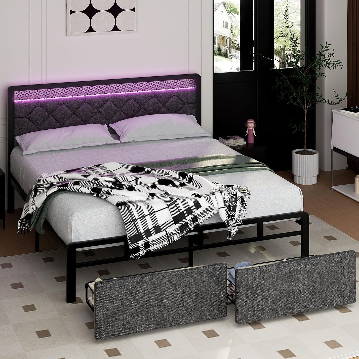 Queen Size Bed Frame with Headboard, Metal Platform Bed Frames Queen Size with 2 Under-Bed Storage Drawers, LED Lights, Soft Linen, Noise Free, No Box Spring Needed, Easy Assembly, Gray