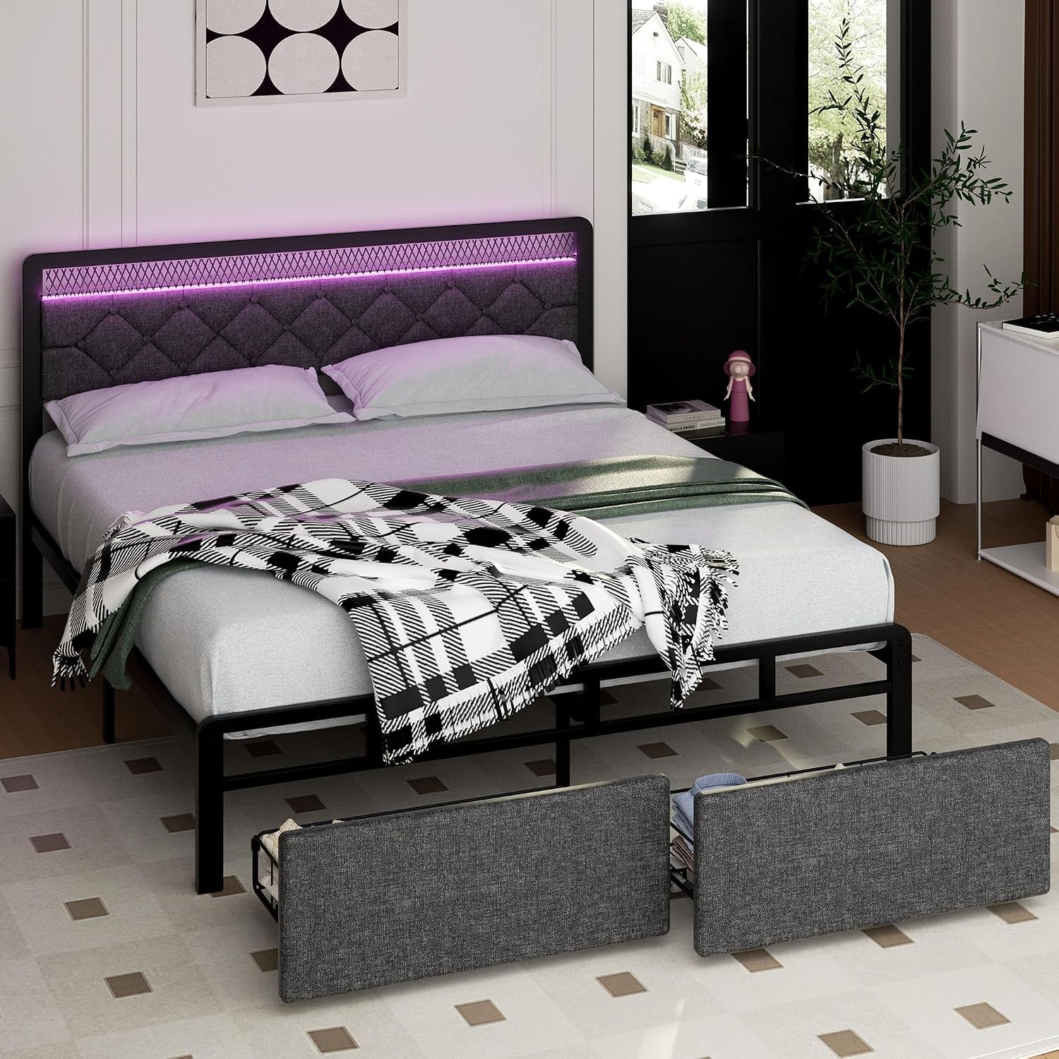 Queen Size Bed Frame with Headboard, Metal Platform Bed Frames Queen Size with 2 Under-Bed Storage Drawers, LED Lights, Soft Linen, Noise Free, No Box Spring Needed, Easy Assembly, Gray
