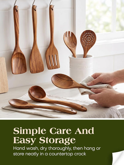 Teak Wood 8-Piece Wooden Kitchen Utensils Set, Wooden Spoons for Cooking, Smooth Wood Spatula Set for Nonstick Cookware, Daily Cooking, Housewarming Gift