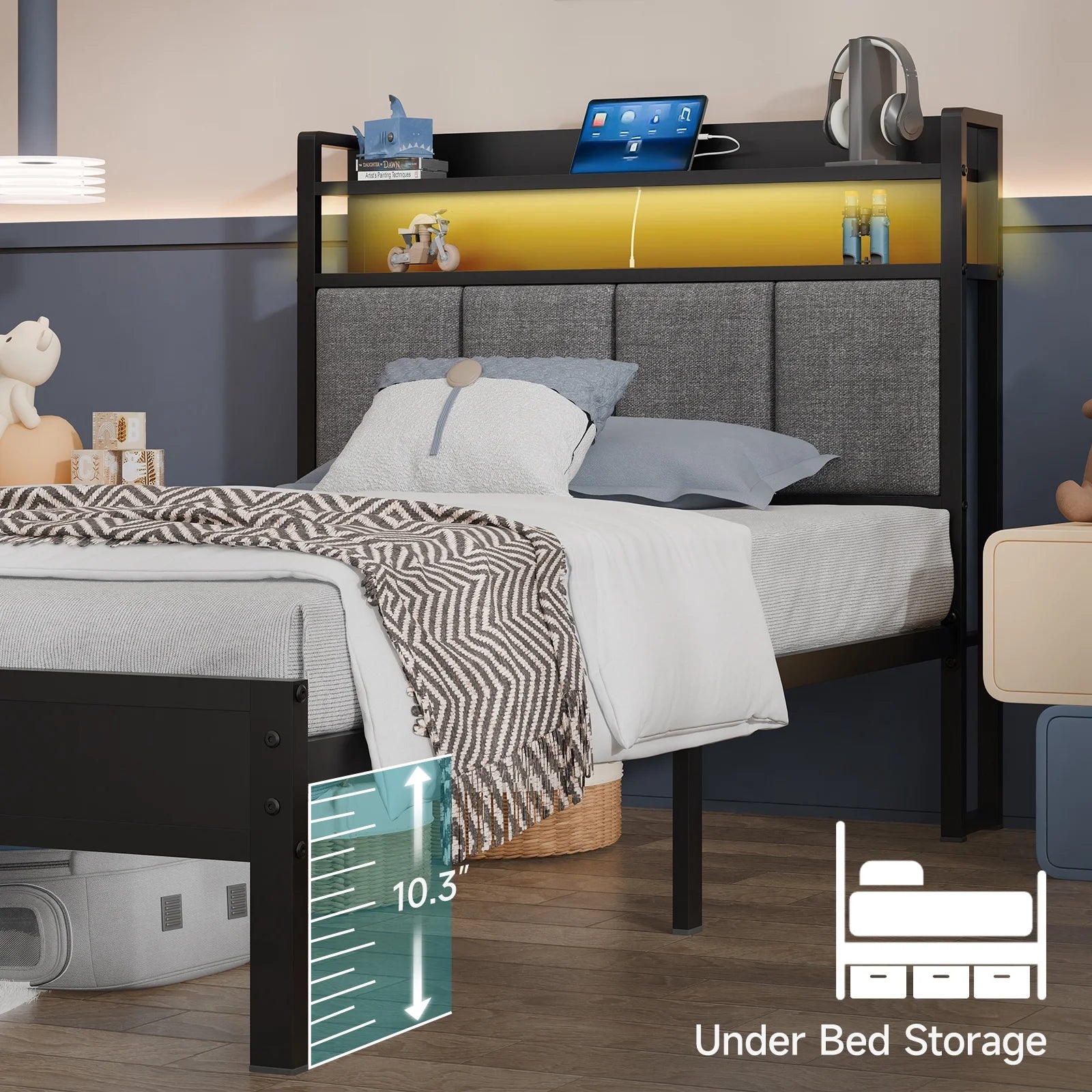 Storage Metal Platform Bed Frames with LED Light, Twin