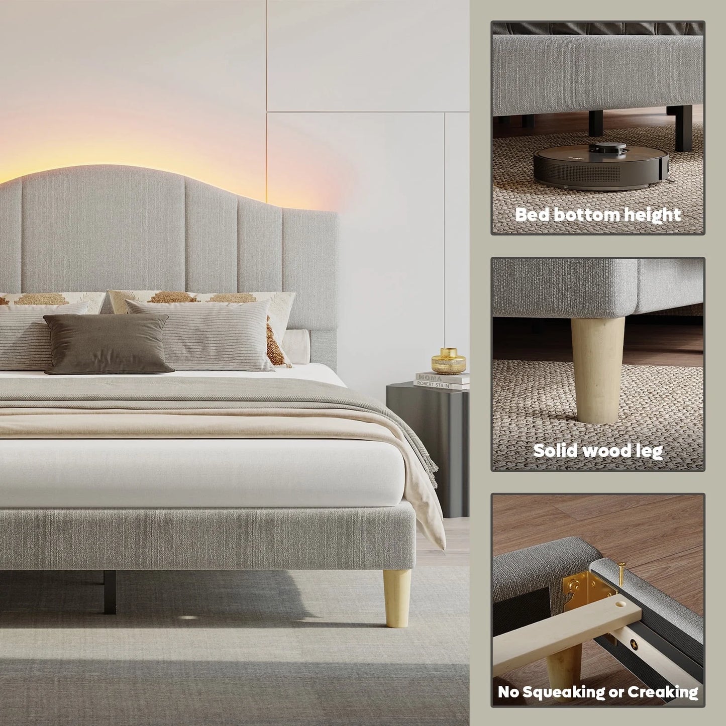 Full Upholstered Bed Frame with Adjustable Arc-Shaped Headboard, LED Platform Bed, Fabric Gray