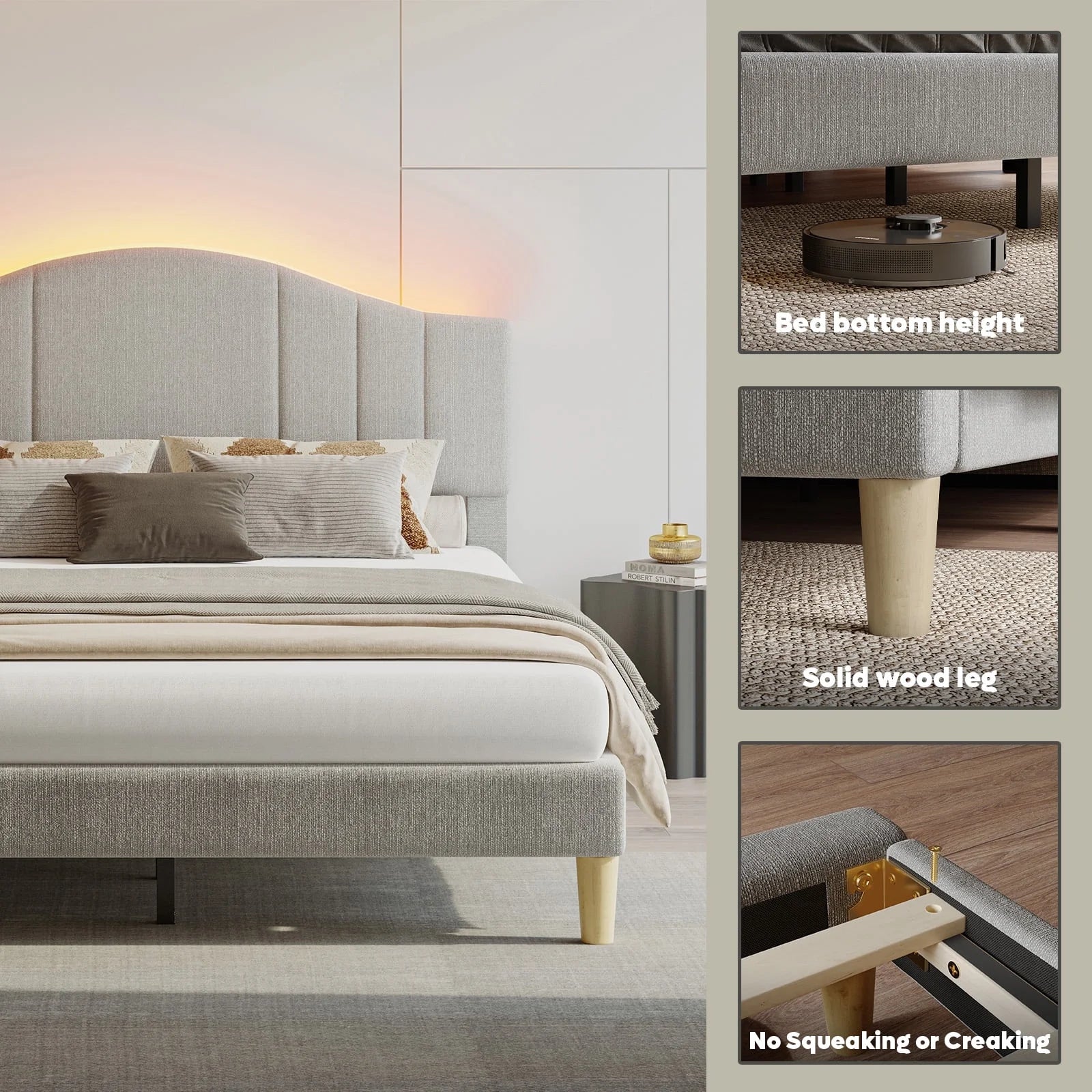Full Upholstered Bed Frame with Adjustable Arc-Shaped Headboard, LED Platform Bed, Fabric Gray