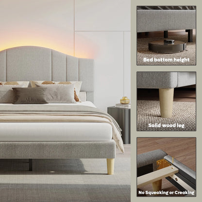 Full Upholstered Bed Frame with Adjustable Arc-Shaped Headboard, LED Platform Bed, Fabric Gray
