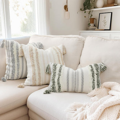 Green and Cream White Throw Pillow Cover 12X20 Pack of 1 | Decorative Boho Lumbar Accent Pillow Cover Neutral Modern Farmhouse Tufted Textured Pillow Cover for Couch Bed Sofa