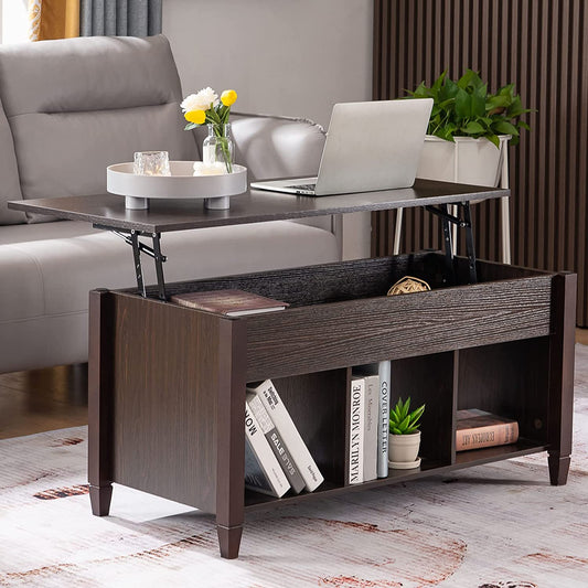 Lift Top Coffee Table, Coffee Table Converst to Dining Table Lift up Coffee Table Espresso Coffee Table Walnut Coffee Table, Coffee Table Lift Top with Hidden Compartment/3 Open Shelves
