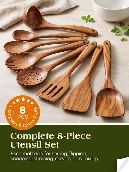 Teak Wood 8-Piece Wooden Kitchen Utensils Set, Wooden Spoons for Cooking, Smooth Wood Spatula Set for Nonstick Cookware, Daily Cooking, Housewarming Gift