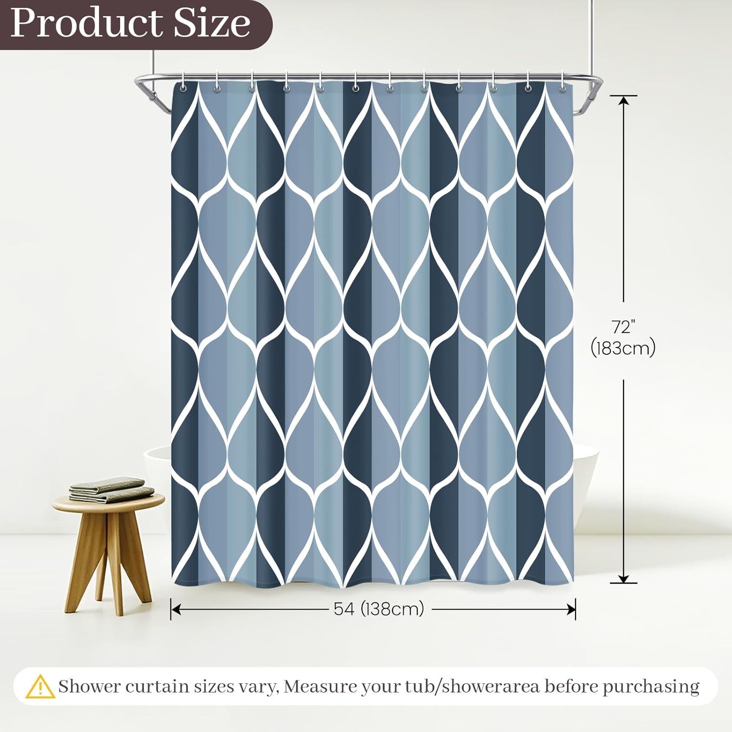 Geometric Shower Curtain for Bathroom, Aegean Blue, 54X72 Inch | with Hooks, Premium Polyester, Quick Dry, Water Repellent, Machine Washable, Rustproof Grommets, Modern Minimalist