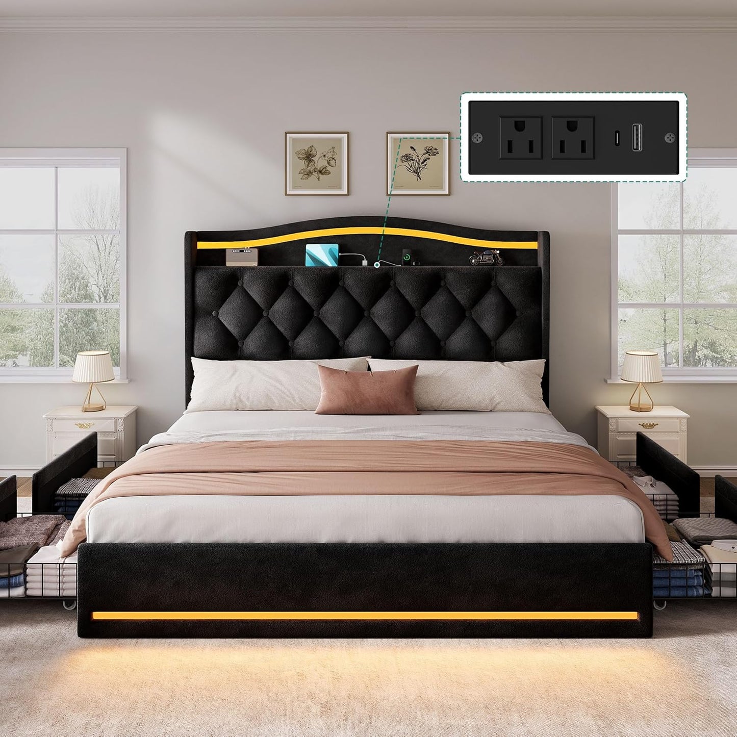 Queen Size Bed Frame with 4 Storage Drawers and RGB LED Lights | 57'' Tall Headboard Velvet Upholstered Bed with Charging Station, No Box Spring Needed, Easy Assembly, Noise-Free, Black