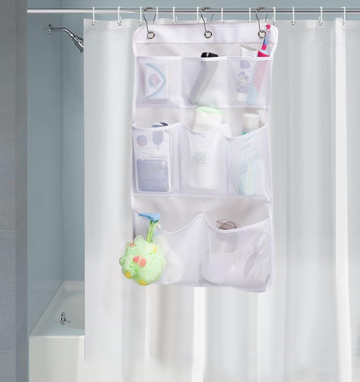 Mesh Shower Organizer Hanging Bathroom Caddy 8 Pockets Hang Curtain Rod with 3 Rings