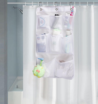 Mesh Shower Organizer Hanging Bathroom Caddy 8 Pockets Hang Curtain Rod with 3 Rings
