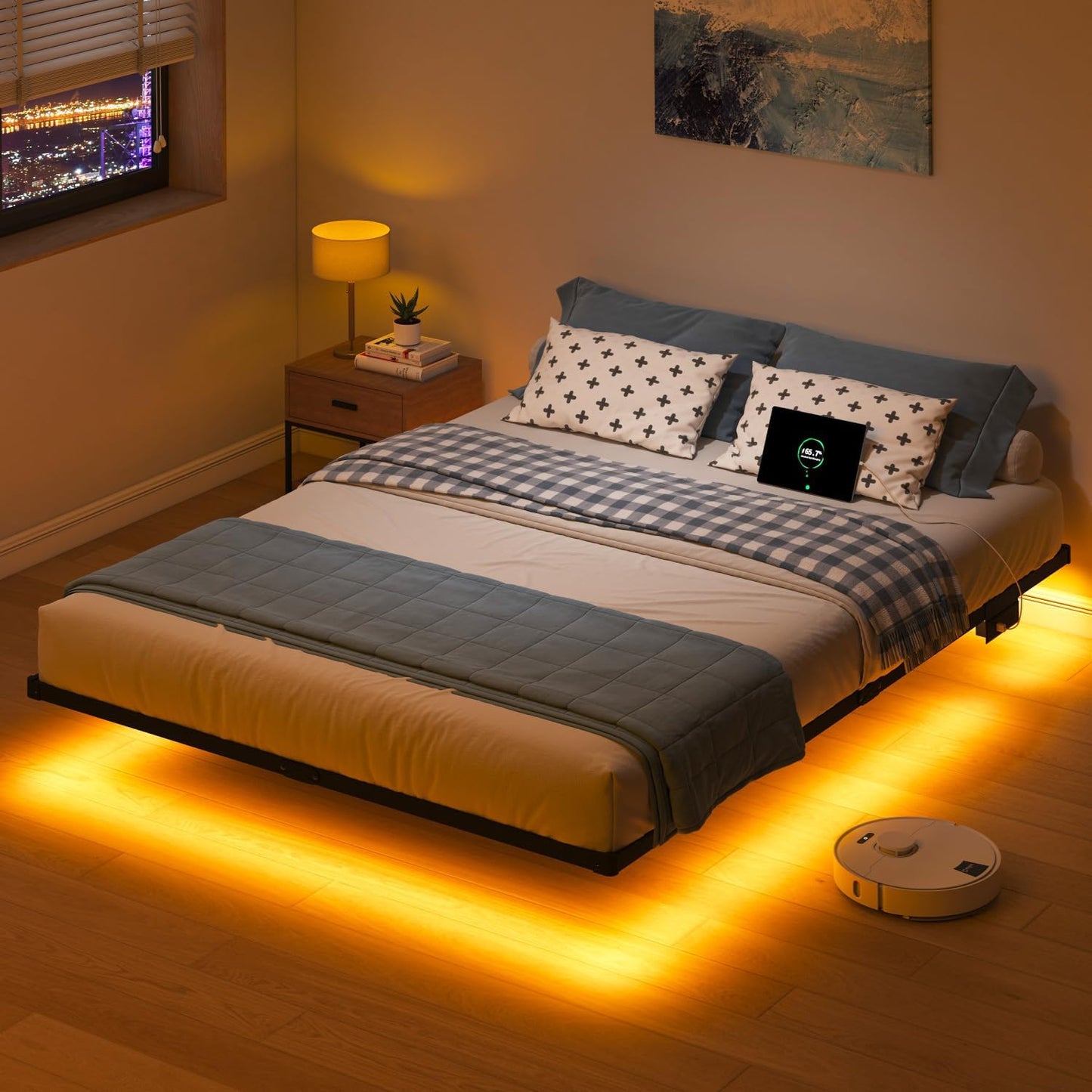10 Inch Full Size Floating Bed Frame with Charging Station | LED Lights, Platform Bed Frame No Box Spring Needed, Easy Assembly
