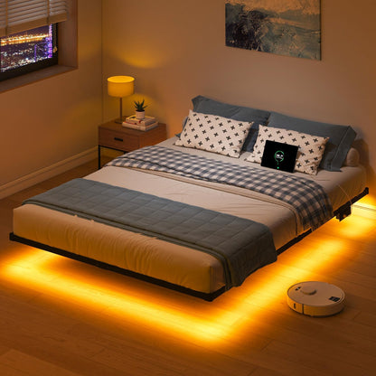 10 Inch Full Size Floating Bed Frame with Charging Station | LED Lights, Platform Bed Frame No Box Spring Needed, Easy Assembly