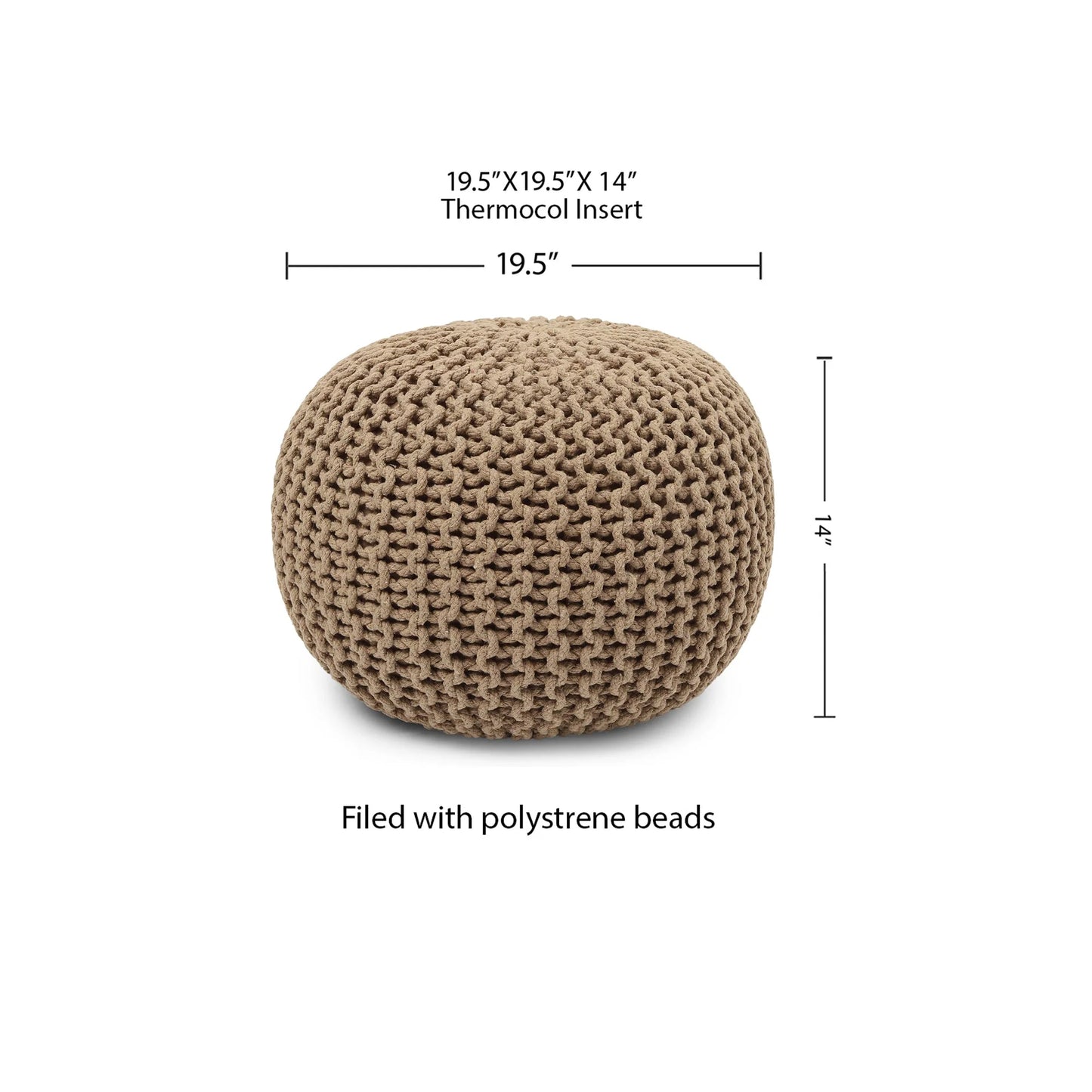 round Pouf Ottoman - Hand Knitted Cable Boho Poof Home Décor Pouffe Circular Footrest for Living Room - Bedroom - Lounge - 100% Cotton (19.5"X19.5"X14") - Beige