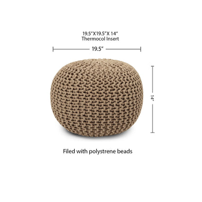 round Pouf Ottoman - Hand Knitted Cable Boho Poof Home Décor Pouffe Circular Footrest for Living Room - Bedroom - Lounge - 100% Cotton (19.5"X19.5"X14") - Beige