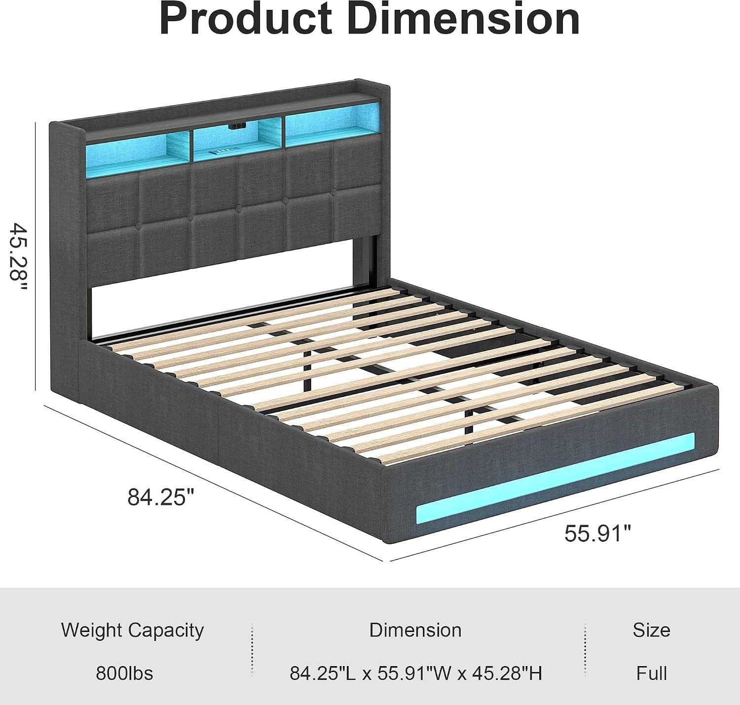 Full Size Lift up Storage Bed, Upholstered Platform Bed Frame with Smart LED Lights and USB Charging Station, No Box Spring Needed, Grey