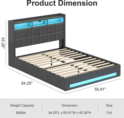 Full Size Lift up Storage Bed, Upholstered Platform Bed Frame with Smart LED Lights and USB Charging Station, No Box Spring Needed, Grey