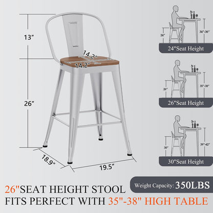 Industrial Metal Bar Stools Set of 4, 26 Inch Counter Height Barstools with Backs, Farmhouse Style, Silver