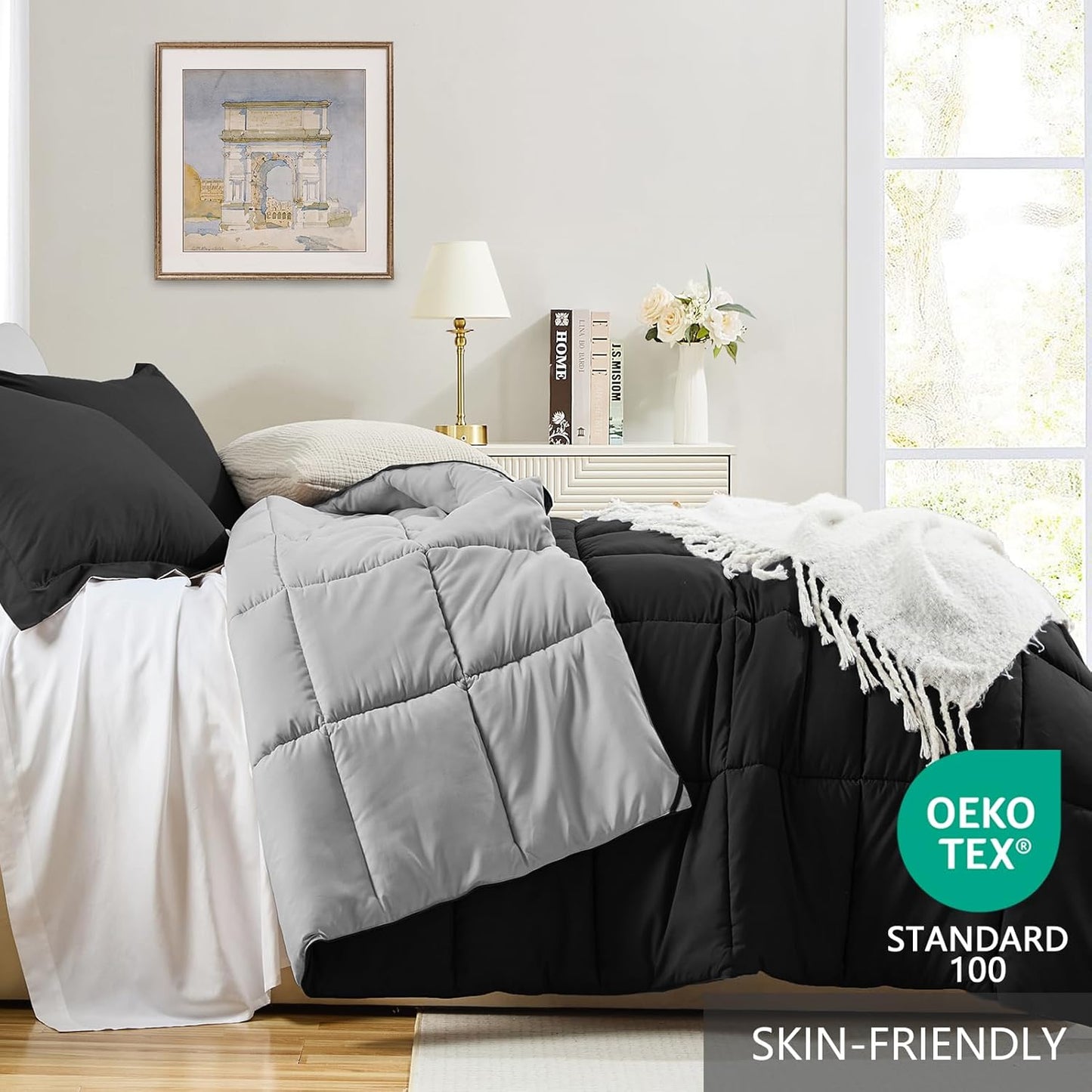 King Size Comforter Set 3 Piece, Lightweight Soft Bed Sets | No Clumping, Machine Washable, down Alternative Comforter Reversible Black/Light Grey, All Season Blanket, 2 Sham