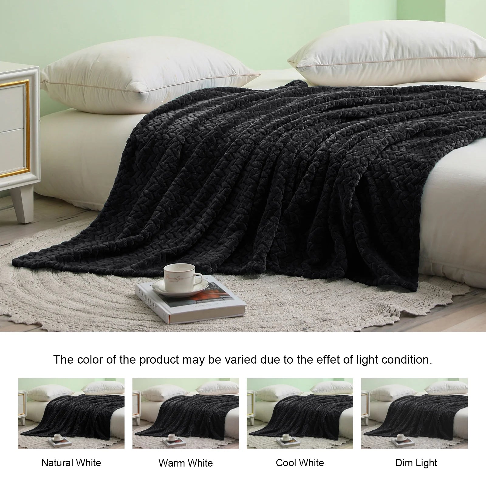Large Flannel Fleece Throw Blanket, Jacquard Weave Leaves Pattern (50" X 70", Black)