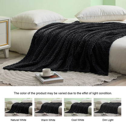 Large Flannel Fleece Throw Blanket, Jacquard Weave Leaves Pattern (50" X 70", Black)