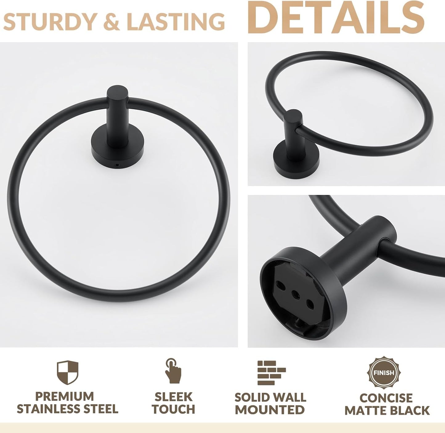 Matte Black Towel Ring Wall Mounted, Hand Towel Holder for Bathroom, Solid Stainless Steel round Wall Hanger