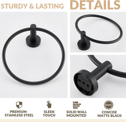 Matte Black Towel Ring Wall Mounted, Hand Towel Holder for Bathroom, Solid Stainless Steel round Wall Hanger