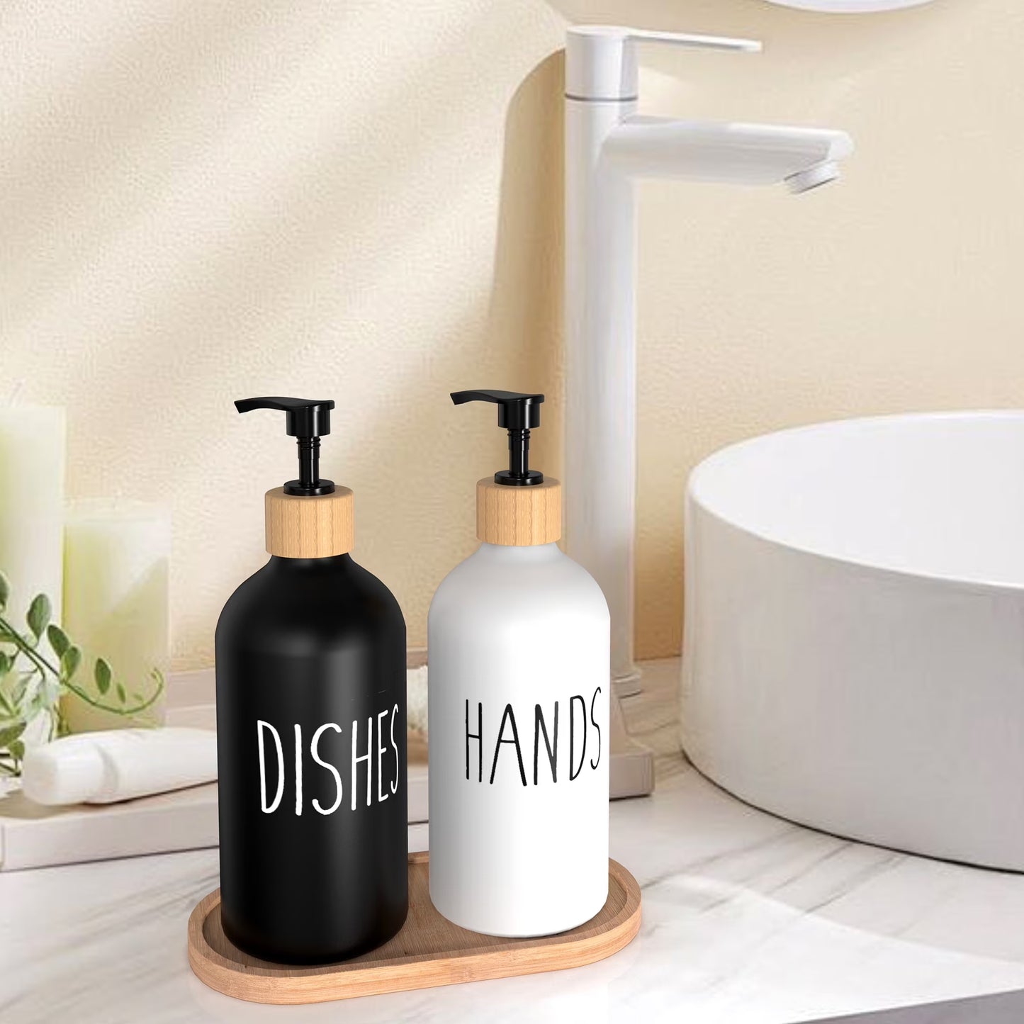 Glass Soap Dispenser Set, Contains Hand Soap and Dish Soap Dispenser(Black & White)