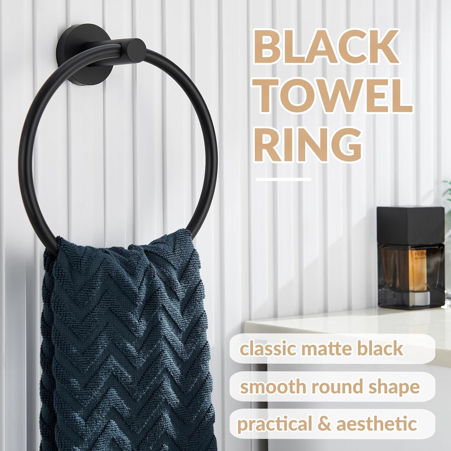 Matte Black Towel Ring Wall Mounted, Hand Towel Holder for Bathroom, Solid Stainless Steel round Wall Hanger