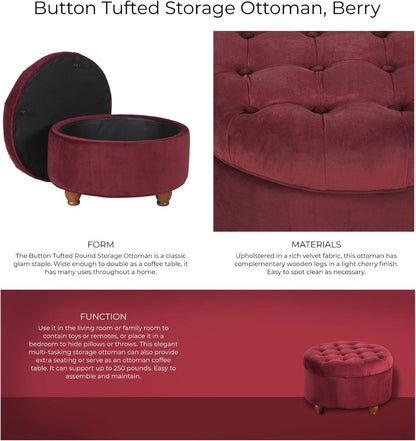 Home Decor |N8264-B119 | Large Button Tufted Velvet round Storage Ottoman | Ottoman with Storage for Living Room & Bedroom, Berry