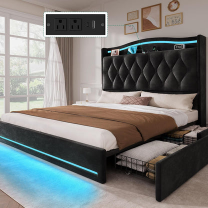 Queen Size Bed Frame with 4 Storage Drawers and RGB LED Lights | 57'' Tall Headboard Velvet Upholstered Bed with Charging Station, No Box Spring Needed, Easy Assembly, Noise-Free, Black