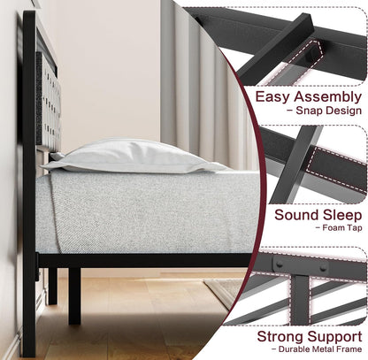 Queen Size Bed Frame with Headboard, Metal Platform Bed Frames Queen Size with 2 Under-Bed Storage Drawers, LED Lights, Soft Linen, Noise Free, No Box Spring Needed, Easy Assembly, Gray