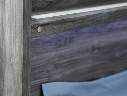 Signature Design by Ashley Full Size Bed with Storage Drawers, Gray | Smoky Gray Replicated Oak Grain Texture, Footboard Drawers, Platform Frame, LED Headboard Lighting, Baystorm Series