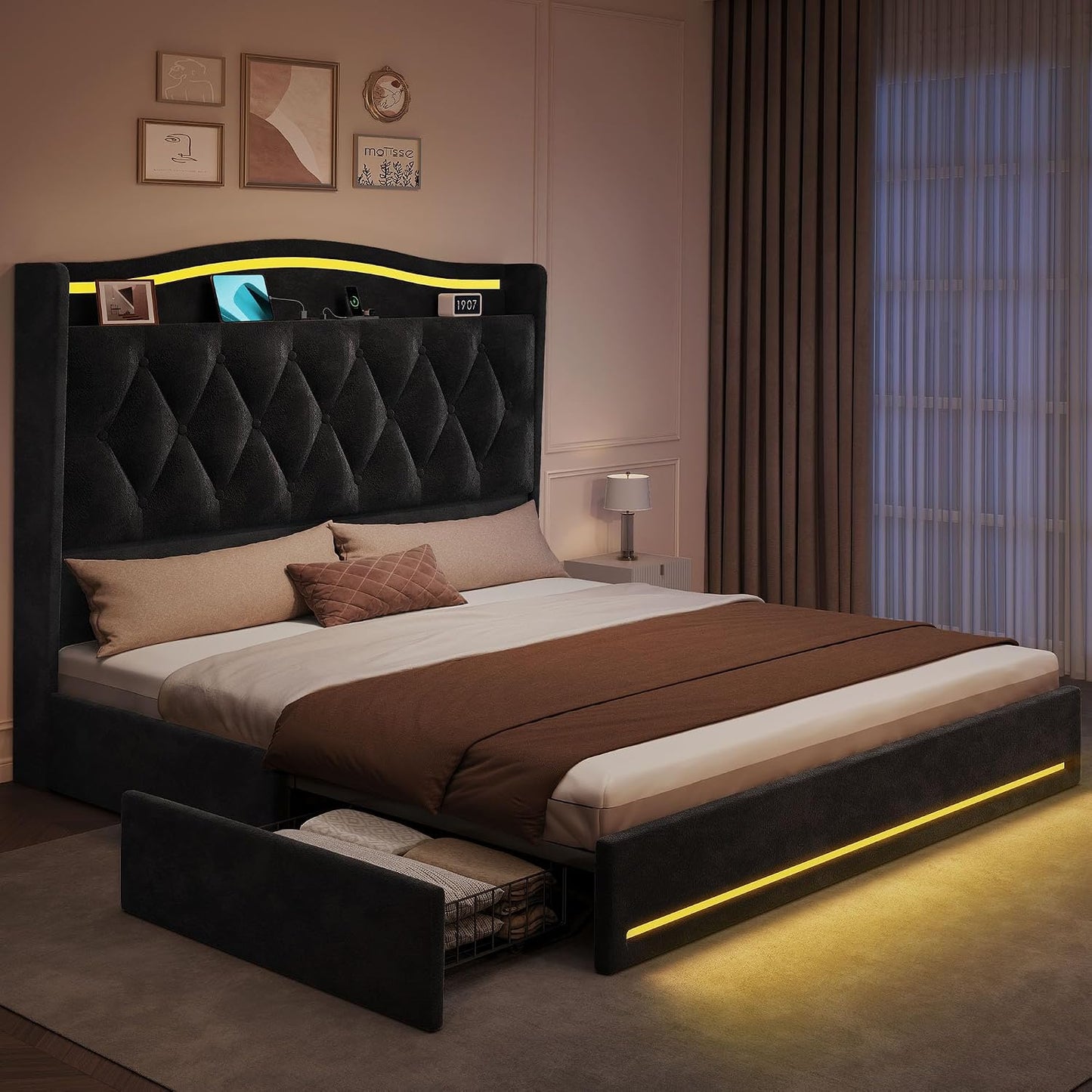 Queen Size Bed Frame with 4 Storage Drawers and RGB LED Lights | 57'' Tall Headboard Velvet Upholstered Bed with Charging Station, No Box Spring Needed, Easy Assembly, Noise-Free, Black