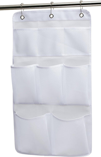 Mesh Shower Organizer Hanging Bathroom Caddy 8 Pockets Hang Curtain Rod with 3 Rings