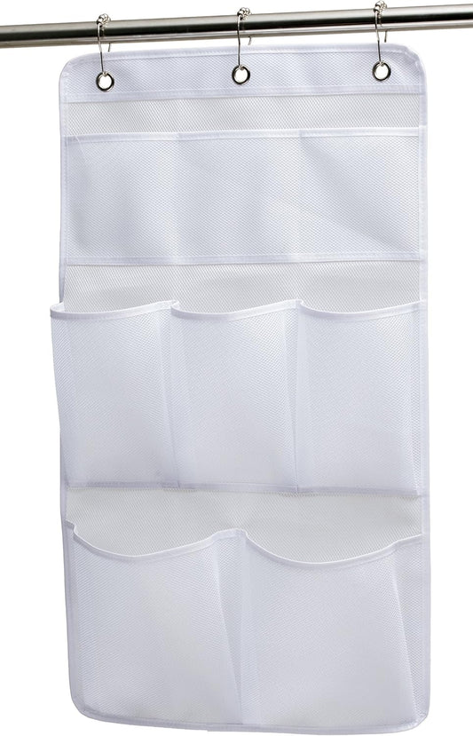 Mesh Shower Organizer Hanging Bathroom Caddy 8 Pockets Hang Curtain Rod with 3 Rings