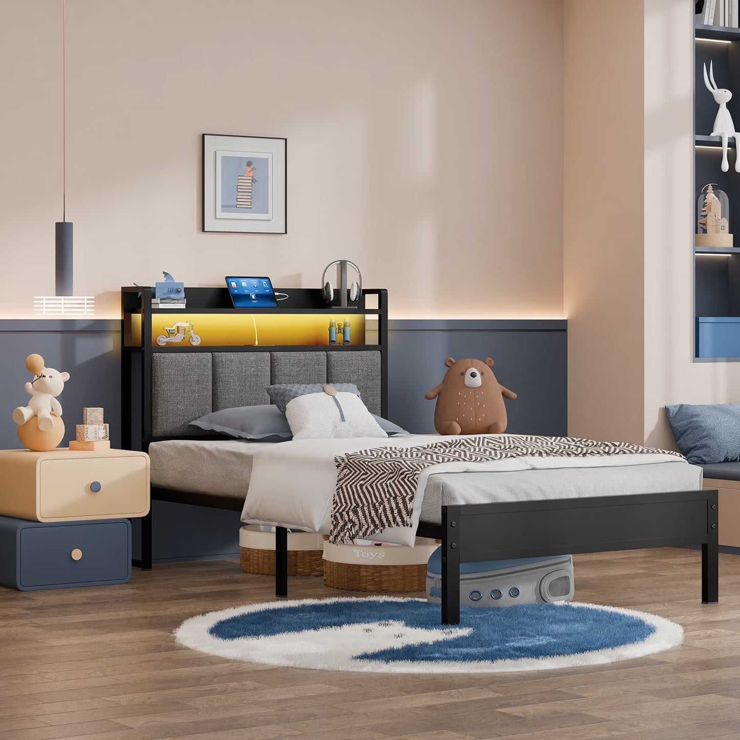 Storage Metal Platform Bed Frames with LED Light, Twin