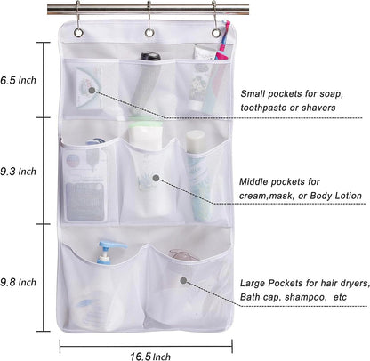 Mesh Shower Organizer Hanging Bathroom Caddy 8 Pockets Hang Curtain Rod with 3 Rings